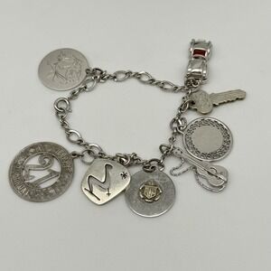 Vintage 925 Sterling Silver 8 Charm Dangles Chain Bracelet 6.75"
